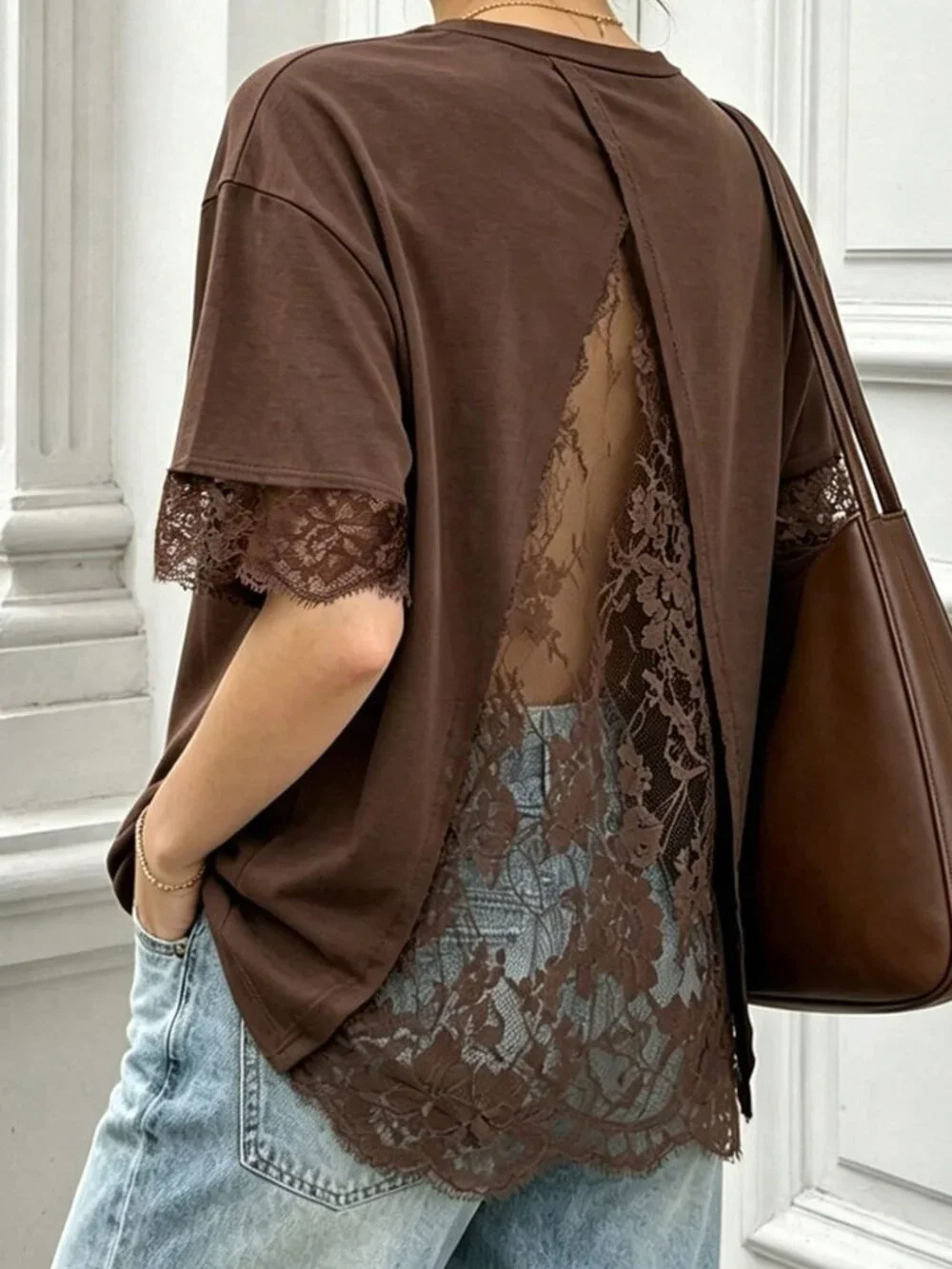 Brown Casual Women's Lace Patchwork Hollow Back Short Sleeve Top